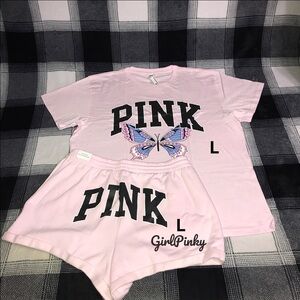 VS PINK shorts OUTFIT & CAMPUS TEE LIMITED EDITION PINK TULLIP BUTTERFLY LARGE